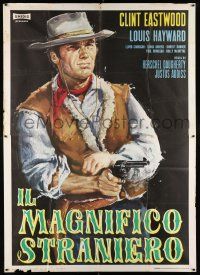 3g449 MAGNIFICENT STRANGER Italian 2p '67 cool art of cowboy Clint Eastwood pointing gun!