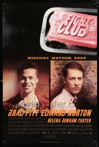 3h237 FIGHT CLUB style A advance DS 1sh '99 portraits of Edward Norton and Brad Pitt & bar of soap!