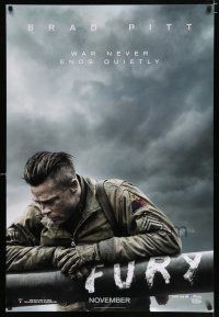 3h273 FURY teaser DS 1sh '14 great image of soldier Brad Pitt, war never ends quietly!