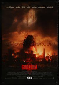 3h291 GODZILLA advance DS 1sh '14 Bryan Cranston, cool image of monster & burning city!