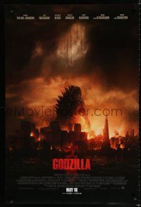 3h292 GODZILLA int'l advance DS 1sh '14 Bryan Cranston, cool image of monster & burning city!