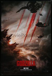 3h293 GODZILLA teaser DS 1sh '14 image of soldiers parachuting over monster & burning city!