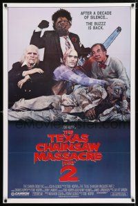 3h764 TEXAS CHAINSAW MASSACRE PART 2 1sh '86 Tobe Hooper horror sequel, great cast portrait!
