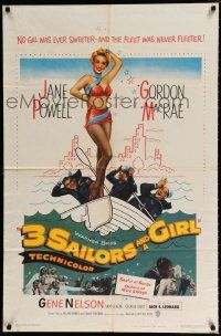 3k004 3 SAILORS & A GIRL 1sh '54 art of sexiest Jane Powell in swimsuit with Navy sailors!