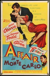 3k014 AFFAIR IN MONTE CARLO 1sh '53 sexy Merle Oberon embraced by Richard Todd!