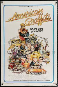 3k029 AMERICAN GRAFFITI 1sh '73 George Lucas teen classic, wacky Mort Drucker artwork of cast!
