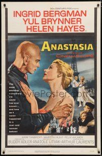 3k033 ANASTASIA 1sh '56 great romantic art of Ingrid Bergman & Yul Brynner!