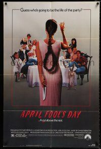 3k042 APRIL FOOLS DAY 1sh '86 wacky horror, great image of girl with knife & noose hair!