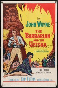 3k049 BARBARIAN & THE GEISHA 1sh '58 John Huston, art of John Wayne with torch & Eiko Ando!