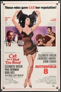 3k130 CAT ON A HOT TIN ROOF/BUTTERFIELD 8 1sh '66 art of sexy Elizabeth Taylor in nightie!