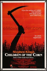 3k141 CHILDREN OF THE CORN 1sh '83 Stephen King horror, an adult nightmare, cool sickle image!