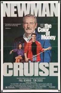 3k154 COLOR OF MONEY 1sh '86 Robert Tanenbaum art of Paul Newman & Tom Cruise playing pool!