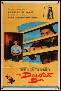 3k197 DEADLIEST SIN 1sh '56 Sydney Chaplin behind bars points gun at pretty Audrey Dalton!