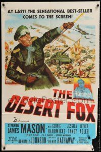 3k205 DESERT FOX 1sh '51 artwork of James Mason as Field Marshal Erwin Rommel at war!