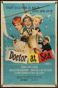 3k222 DOCTOR AT SEA 1sh '56 wacky art of sailor Dirk Bogarde & sexy Brigitte Bardot!