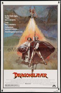 3k241 DRAGONSLAYER 1sh '81 cool Jeff Jones fantasy artwork of Peter MacNicol w/spear & dragon!