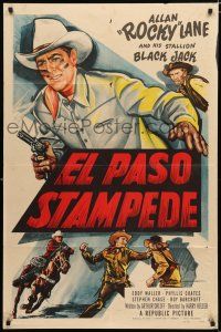 3k253 EL PASO STAMPEDE 1sh '53 close up art of Rocky Lane with gun & punching bad guy!