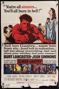 3k256 ELMER GANTRY 1sh '60 Burt Lancaster, Jean Simmons, from Sinclair Lewis novel!