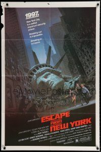 3k263 ESCAPE FROM NEW YORK 1sh '81 John Carpenter, art of handcuffed Lady Liberty by Watts!