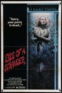 3k269 EYES OF A STRANGER 1sh '81 really creepy image of dead girl in telephone booth with flowers!