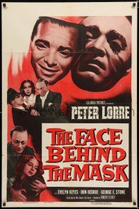 3k270 FACE BEHIND THE MASK 1sh R55 creepy image of Peter Lorre & mask, Evelyn Keyes!