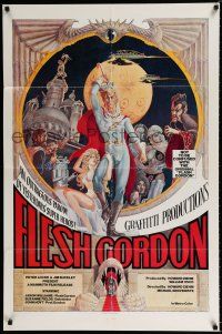 3k297 FLESH GORDON 1sh '74 sexy sci-fi spoof, wacky erotic super hero art by George Barr!