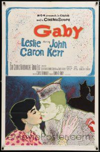 3k321 GABY 1sh '56 wonderful close up art of soldier John Kerr kissing Leslie Caron!