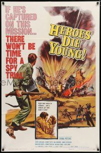 3k367 HEROES DIE YOUNG 1sh '60 cool World War II artwork of exploding city!