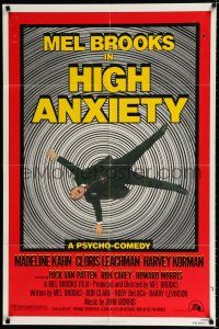 3k368 HIGH ANXIETY 1sh '77 Mel Brooks, great Vertigo spoof design, a Psycho-Comedy!