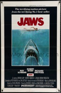 3k432 JAWS 1sh '75 Roger Kastel art of Spielberg's classic man-eating shark attacking swimmer!
