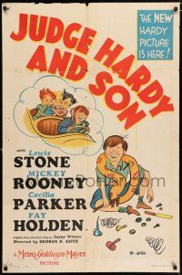 3k439 JUDGE HARDY & SON style D 1sh '39art of Mickey Rooney as Andy Hardy fixing flat w/sexy girls!