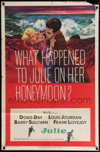3k441 JULIE 1sh '56 what happened to Doris Day on her honeymoon with Louis Jourdan?