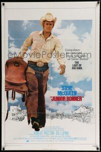 3k443 JUNIOR BONNER 1sh '72 full-length rodeo cowboy Steve McQueen carrying saddle!
