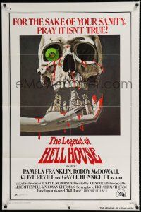3k467 LEGEND OF HELL HOUSE 1sh '73 great skull & haunted house dripping with blood art by B.T.!