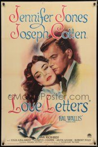 3k493 LOVE LETTERS style A 1sh '45 romantic c/u art of Joseph Cotten & Jennifer Jones, by Ayn Rand!