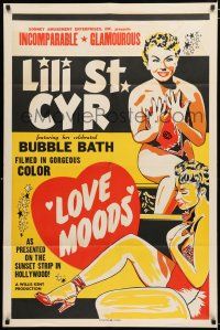 3k494 LOVE MOODS 1sh '52 silkscreen art of incomparable Lili St. Cyr in bubble bath!