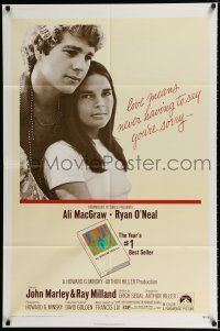 3k495 LOVE STORY 1sh '70 great romantic close up of Ali MacGraw & Ryan O'Neal!