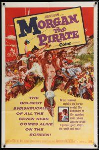 3k567 MORGAN THE PIRATE 1sh '61 Morgan il pirate, cool art of barechested swashbuckler Steve Reeves!