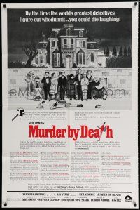 3k575 MURDER BY DEATH text style 1sh '76 Charles Addams art of cast by dead body & spooky house!