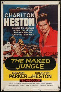 3k586 NAKED JUNGLE 1sh R60 huge image of Charlton Heston with rifle, Eleanor Parker, George Pal!