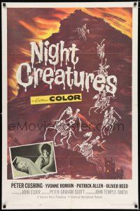 3k602 NIGHT CREATURES 1sh '62 Hammer, great horror art of skeletons riding skeleton horses!