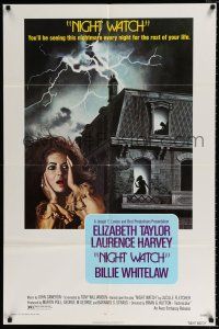 3k612 NIGHT WATCH 1sh '73 Laurence Harvey, Billie Whitelaw, art of scared Elizabeth Taylor!