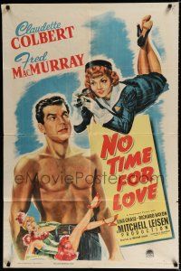 3k619 NO TIME FOR LOVE 1sh '43 Claudette Colbert takes pictures of barechested Fred MacMurray!