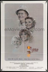 3k635 ON GOLDEN POND 1sh '81 art of Hepburn, Henry Fonda, and Jane Fonda by C.D. de Mar!
