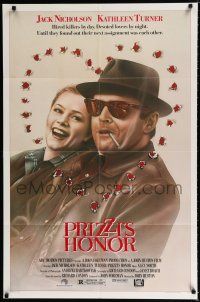 3k692 PRIZZI'S HONOR 1sh '85 cool art of smoking Jack Nicholson & Kathleen Turner w/bullet holes!
