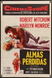 3k725 RIVER OF NO RETURN Spanish/U.S. 1sh '54 great art of Robert Mitchum holding down Marilyn Monroe!