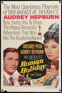 3k739 ROMAN HOLIDAY 1sh R62 beautiful Audrey Hepburn & Gregory Peck, Vespa, William Wyler!