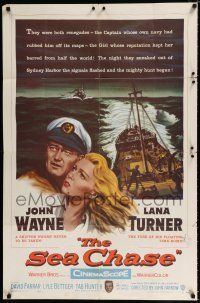 3k759 SEA CHASE 1sh '55 great seafaring artwork of John Wayne & Lana Turner!