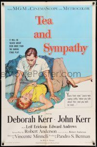 3k858 TEA & SYMPATHY 1sh '56 great artwork of Deborah Kerr & John Kerr by Gale, classic tagline!
