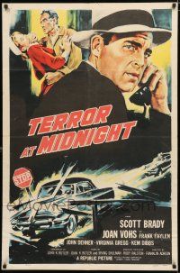 3k868 TERROR AT MIDNIGHT 1sh '56 Scott Brady, Joan Vohs, film noir, cool car crash art!